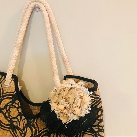 👠mudpie Straw Jute Beachbag with flower print - Picture 2 of 8